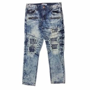 DENIM HOUSE Jean Men 34x32 Blue Moto Zipper Light Acid Wash Distressed Destroyed